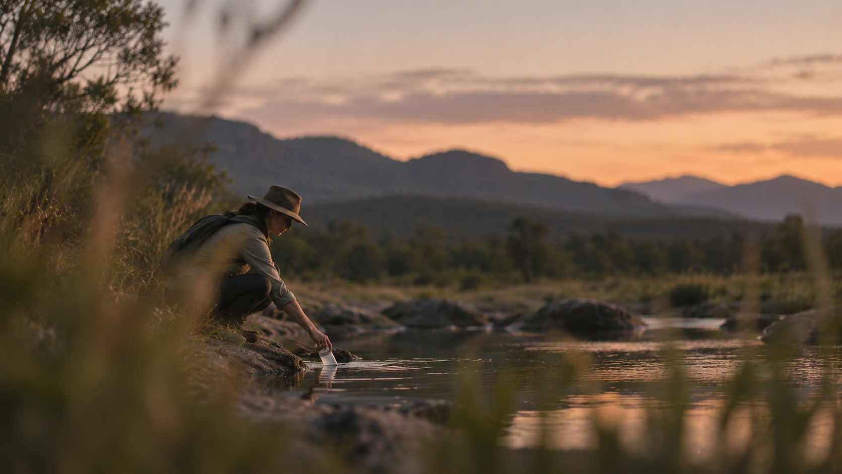 Environmental field researcher collecting a water sample at dusk.