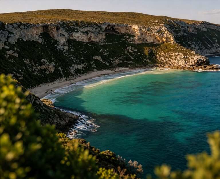 A sheltered cove of turquoise water below a scrub-covered limestone headland in low evening light.