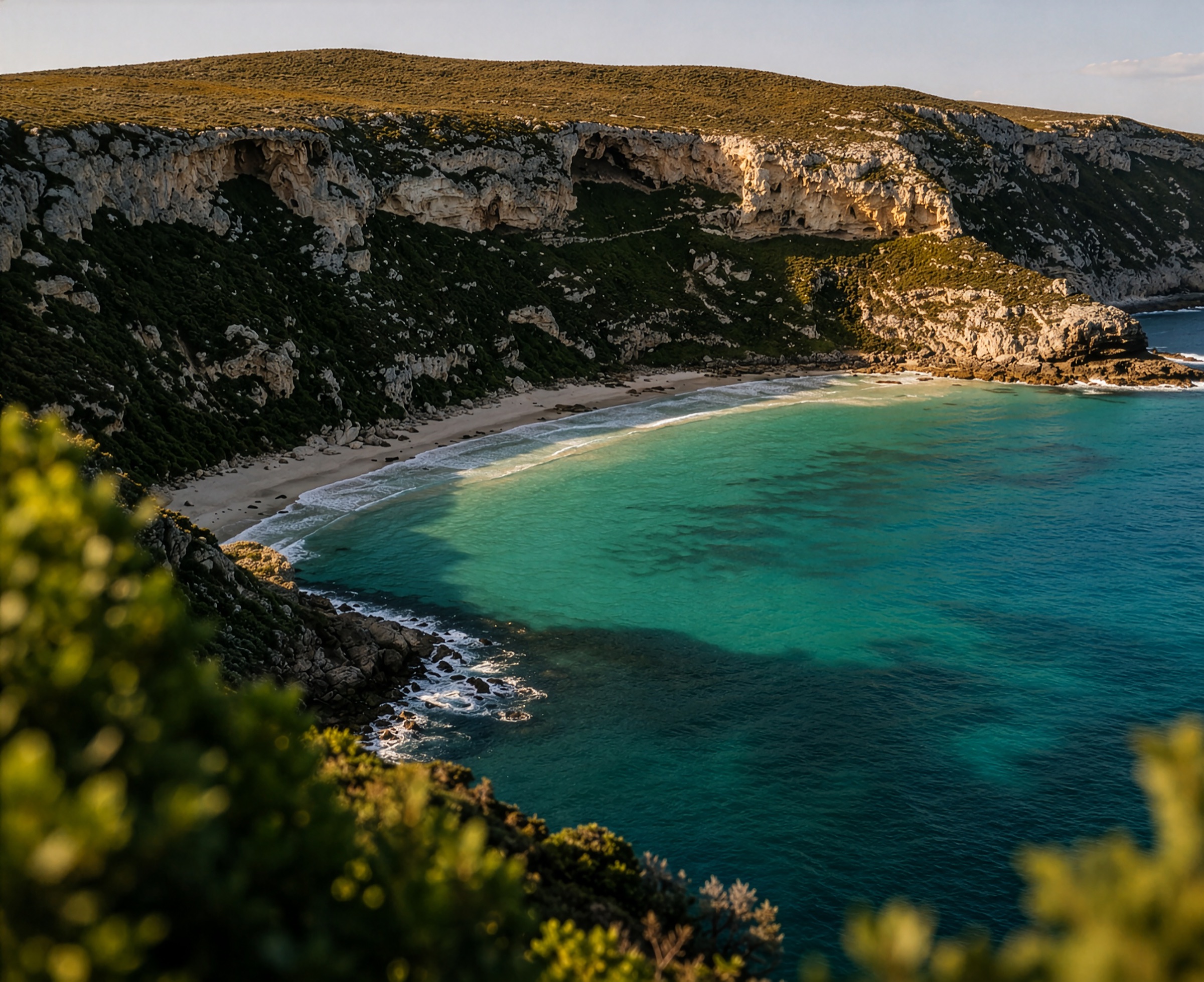 A sheltered cove of turquoise water below a scrub-covered limestone headland in low evening light.