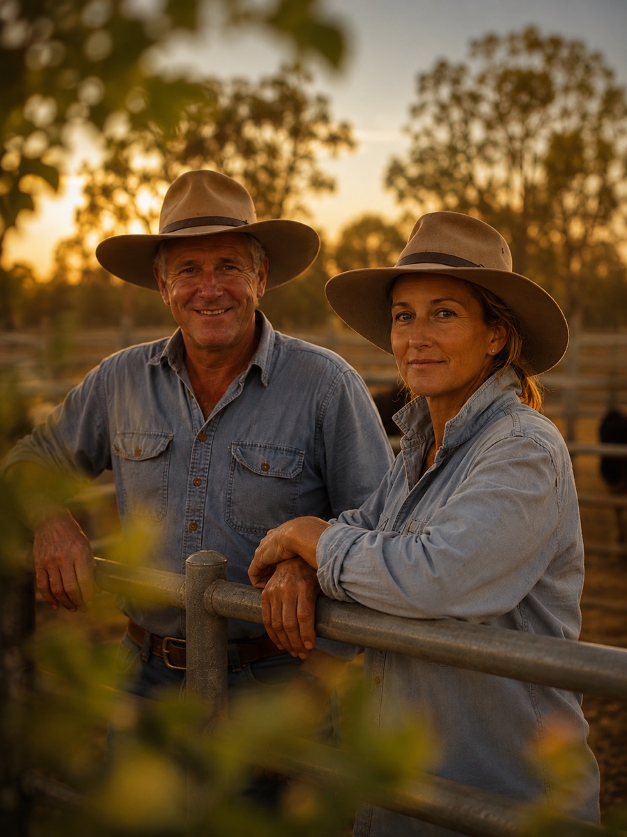 Two graziers in wide-brimmed hats leaning on a stockyard rail at sunset.