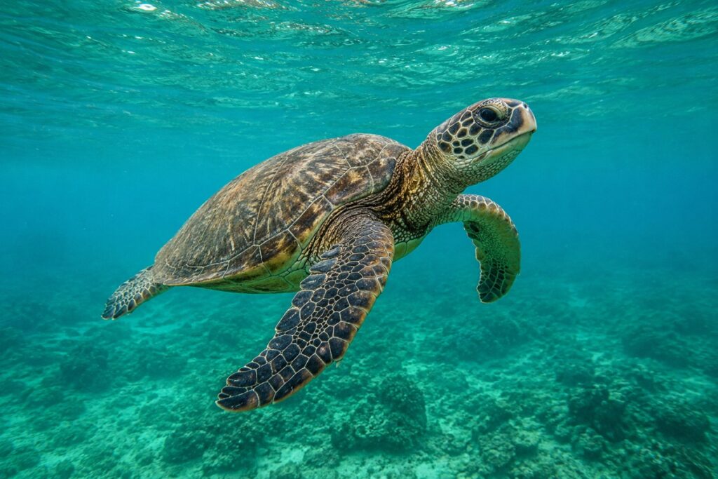A green turtle swimming just below the surface over a shallow reef.