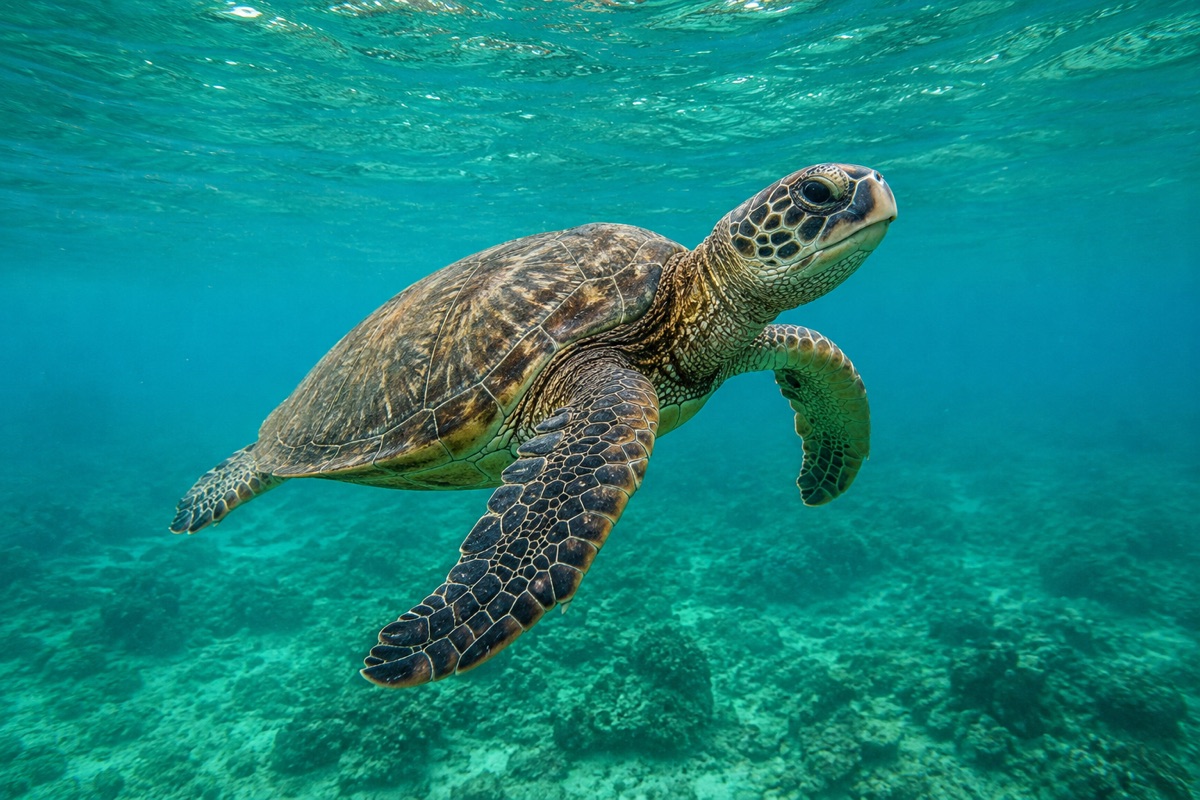 A green turtle swimming just below the surface over a shallow reef.