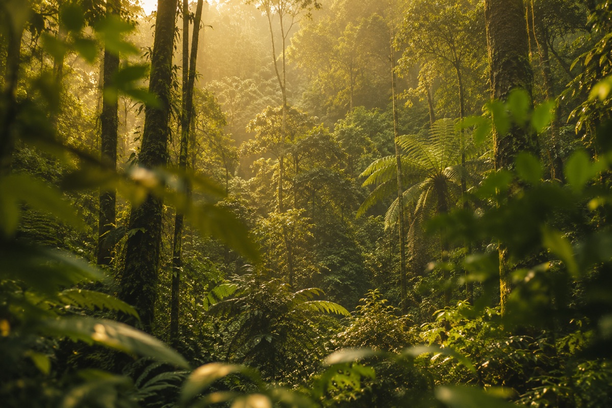 Sunlight filtering through the canopy of a dense wet tropics rainforest with tree ferns.