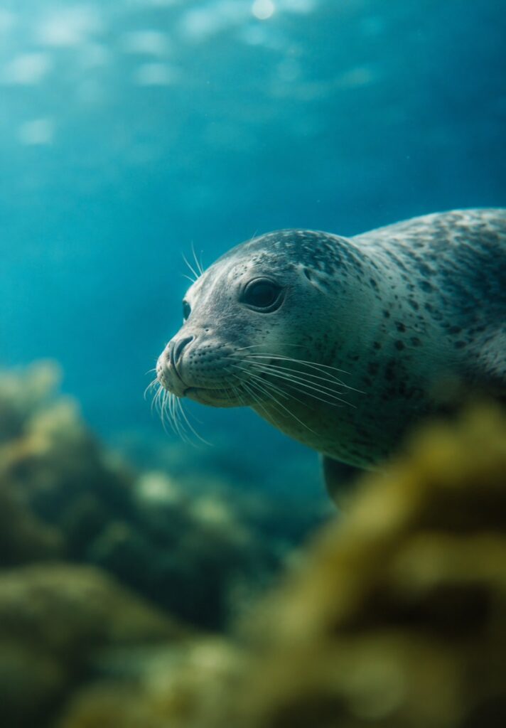 A seal swimming close to the camera through clear blue water above a rocky reef.